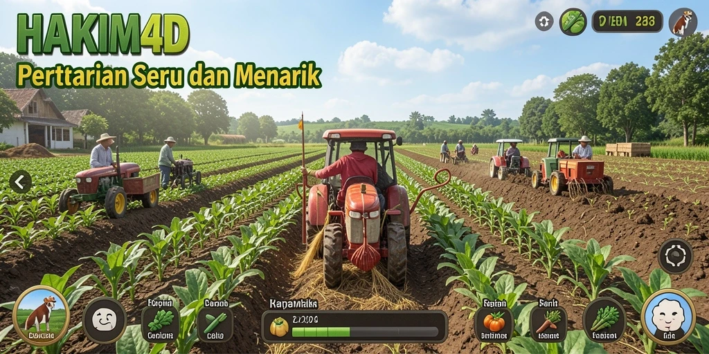 Tampilan gameplay HAKIM4D dengan aktivitas pertanian yang dinamis.
