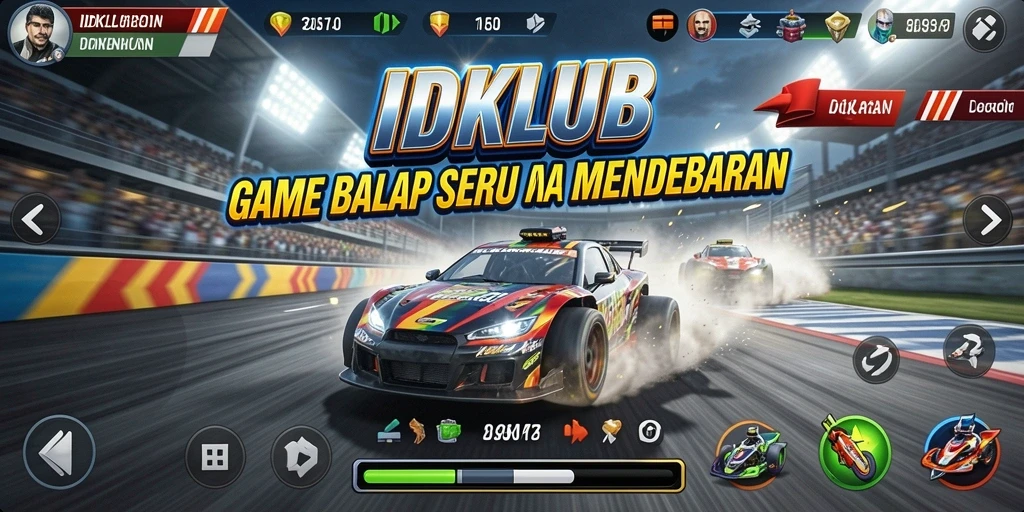 Screenshot IDKLUB menampilkan balapan mendebarkan di lintasan.