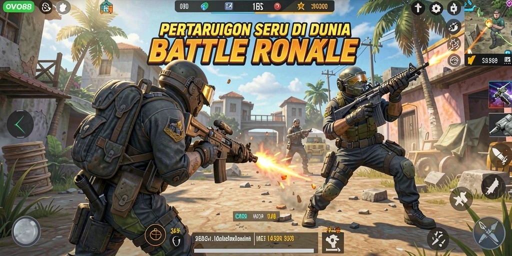 Screenshot utama OVO88 menampilkan aksi seru dalam pertarungan Battle Royale.