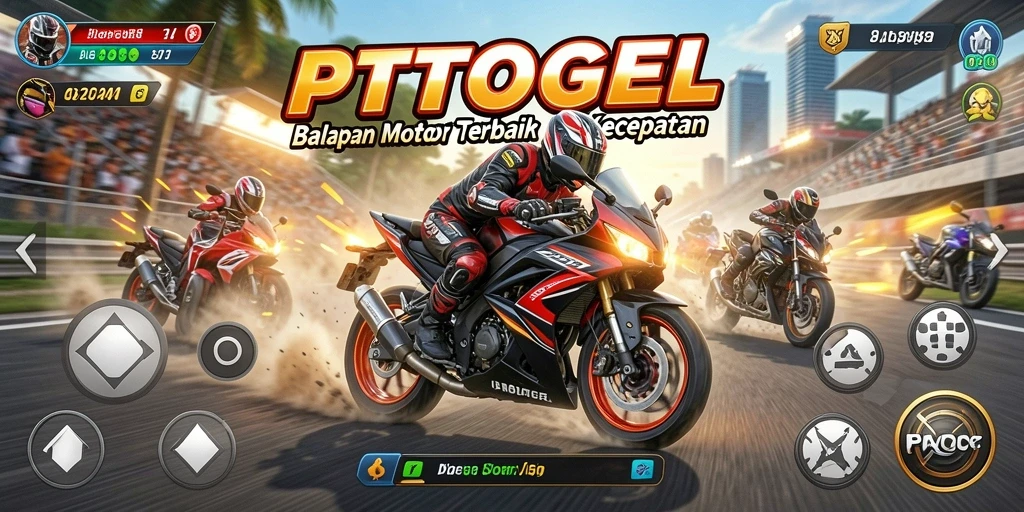 Screenshot utama PTTOGEL menampilkan balapan motor cepat di lintasan menantang.