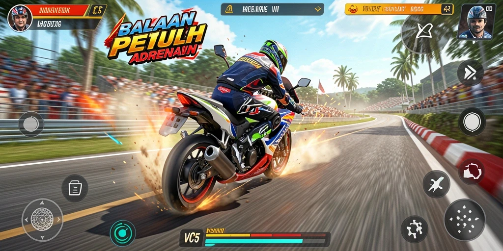 Tampilan gameplay VC5 dengan balapan motor yang cepat dan menegangkan.